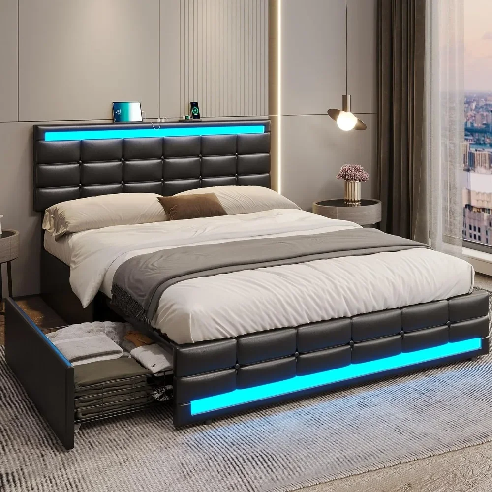 Large Bed Frame with LED Lights, Leather Platform Bed, Equipped with Storage Drawers and Charging Station