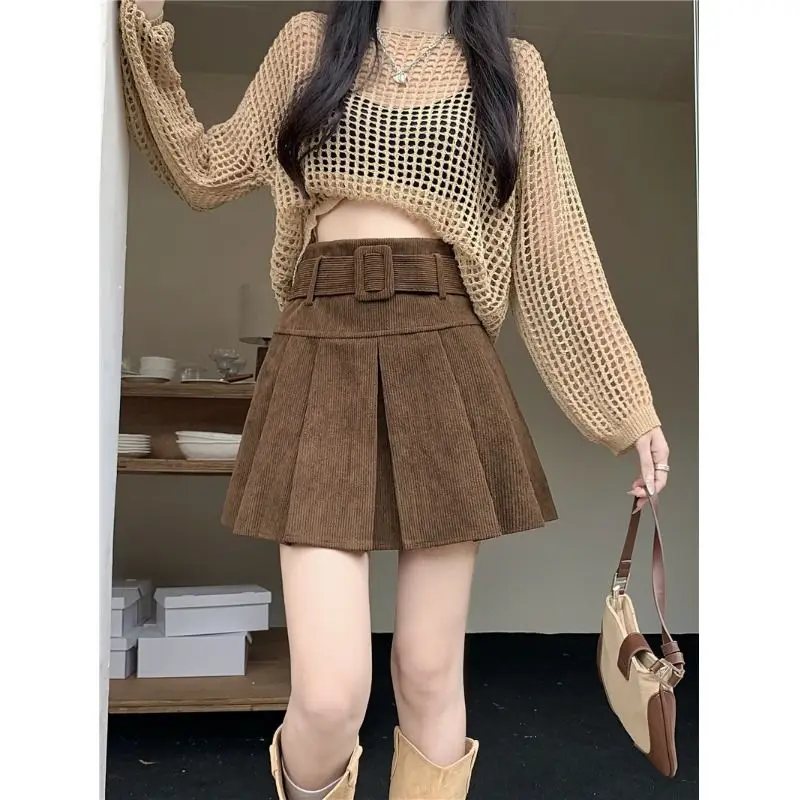 

Autumn and Winter Corduroy Midi Skirt Versatile Pleated Skirt High Waist Slimming A-line Skirt