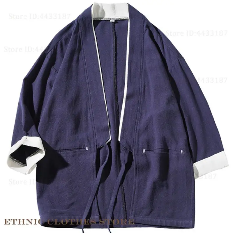 حجم كبير 3XL 4XL 5XL ثوب الكيمونو الياباني سترة الرجال القطن الكتان يوكاتا القمم سترة الرجعية الذكور قميص الشارع الشهير الملابس الآسيوية #6