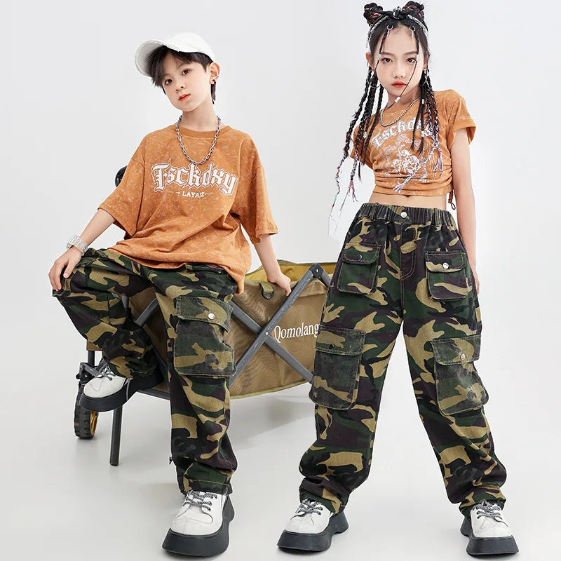 Kid Hip Hop Dull Orange Letter Print T Shirt Casual Camo Muliti Flap Pockets Cargo Pants for Girl Boy Jazz Dance Costume Clothes