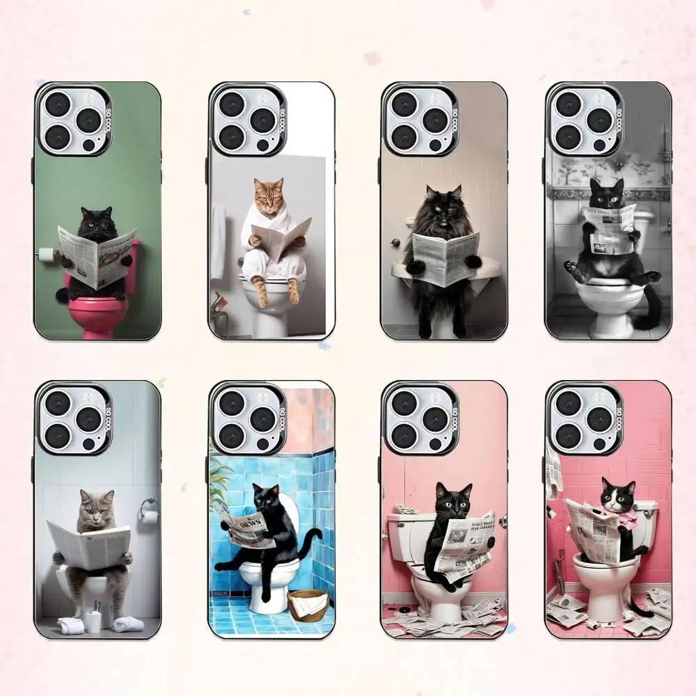 

Bathroom Cat Reading on Toilet Phone Case For iPhone17,16,15,14,13,12,11 Plus,Pro Max Colored Silver Plated Inside Cover