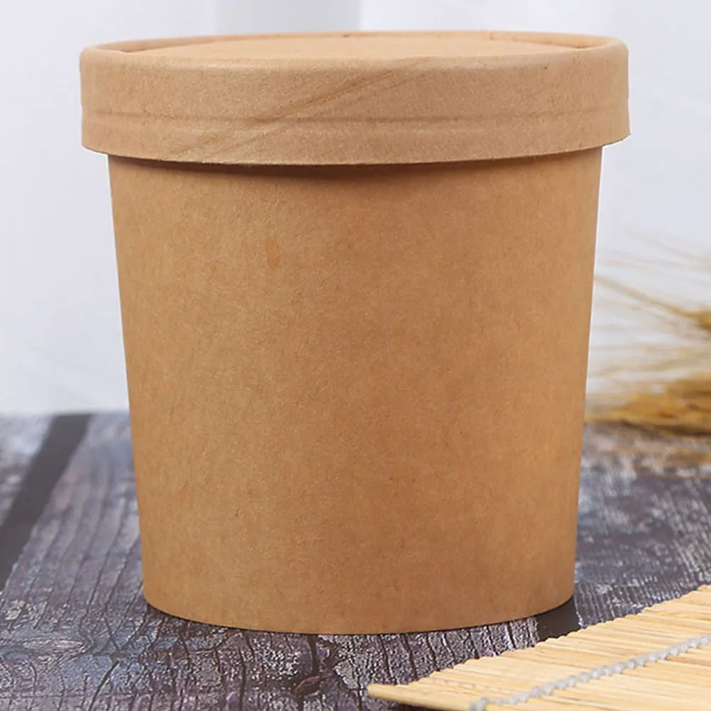 

10Sets Disposable Kraft Paper Soup Cups Durable Soup Buckets with Lids for Porridge Ice Cream Dessert Porridge Cups