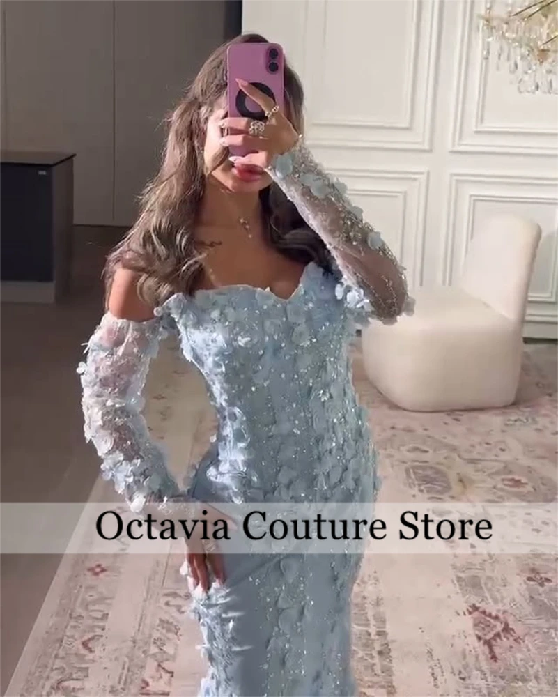 Arabia Saudí cielo azul fuera del hombro vestido de noche de flores 3D diamantes de imitación brillantes vestido de fiesta vestidos de noiva personalizado فستان و