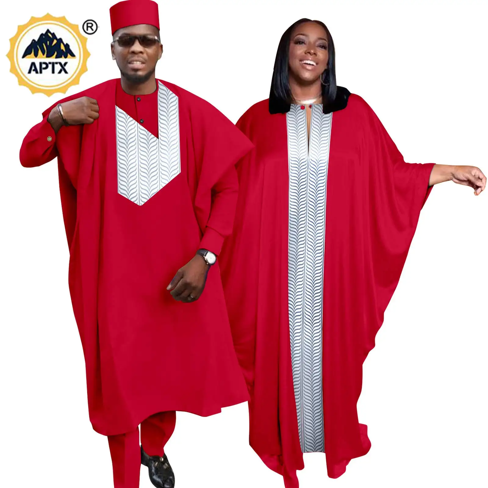 African Dresses for Women Abaya Matching Men Outfits Muslim Robes Top and Pants Cap Sets Bazin Riche Couples Clothes YT23C003