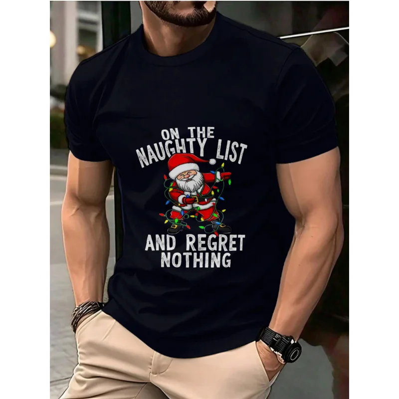 

Мужская футболка черного Санта-Клауса на озорном списке и репетине Ничего с принтом, хлопок высокого качества, 180 г