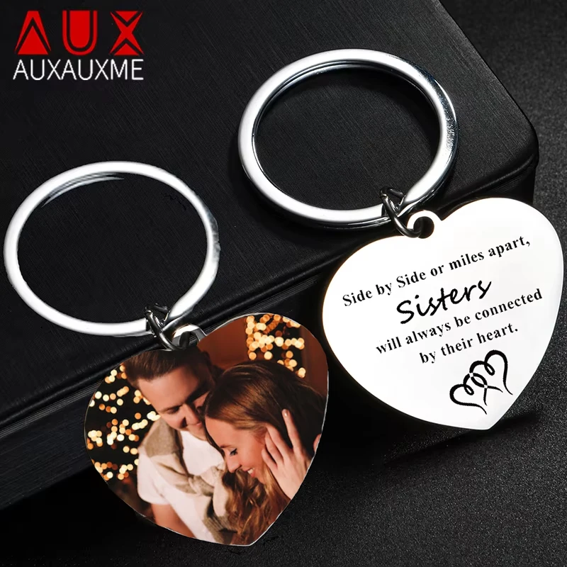 Auxauxme Personalized Custom Photo Names Heart Keychain Stainless Steel Engrave Picture Keyring Chritmas Halloween Jewelry Gift