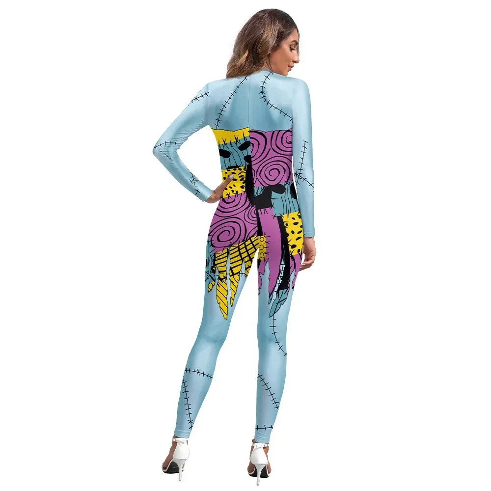 Halloween Volwassen Carnaval Kostuum Voor Vrouwen Sally Print Slanke Jumpsuit Catsuit Rompertjes Lange Mouw Zenti Party Bodysuit