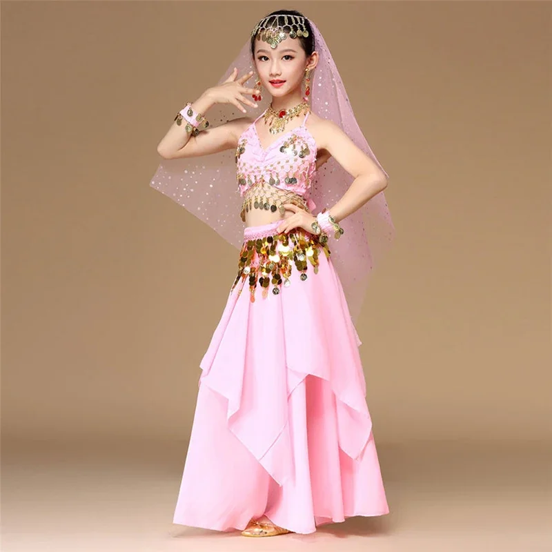 ใหม่ 2025 5 ชิ้น/เซ็ตสีชมพูสไตล์เด็กเครื่องแต่งกาย Oriental เครื่องแต่งกาย Belly Dancer เสื้อผ้าเต้นรําอินเดียราคา RER12 RQR12