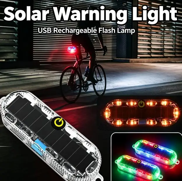 USB & Solar Rechargeable LED Warning Strobe Light Waterproof Anti-Collision Flash Signal Lamp Multi Color Universal Motorcycle