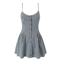 YENKYE Summer Women Front Button Plaid Sling Mini Dress Thin Straps V Neck Low Waist A-line Holiday Dresses Female Cotton Robe