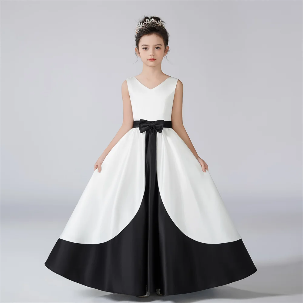 

Dideyttawl V-Neck Detachable Bow Dress For Girl Satin Flower Girl Dresses Sleeveless Kids Birthday Formal Princess Gowns