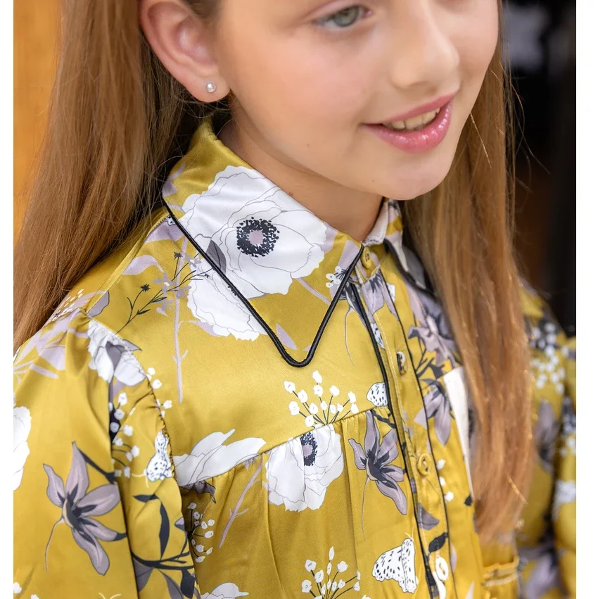 AP Marigold Collection 2025 otoño nuevo vestido Floral de satén para niñas conjunto de ropa traje para niños lindo mameluco para bebé Modal cuello