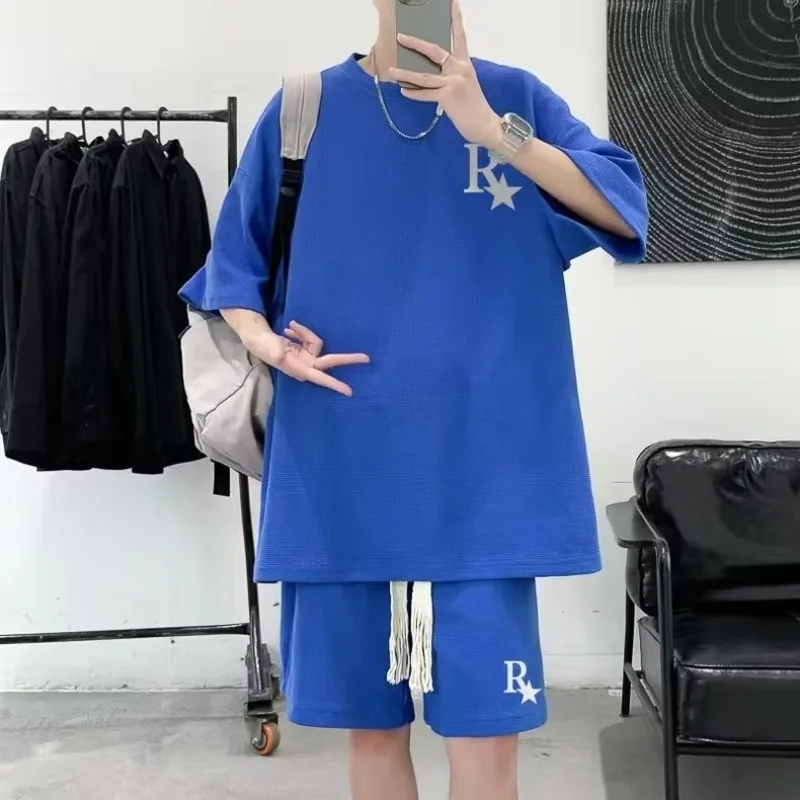 Sportanzug Herren Herbst und Winter lässig locker High Street trendig bedruckte Kurzarm-Shorts zweiteiliges Baumwollset