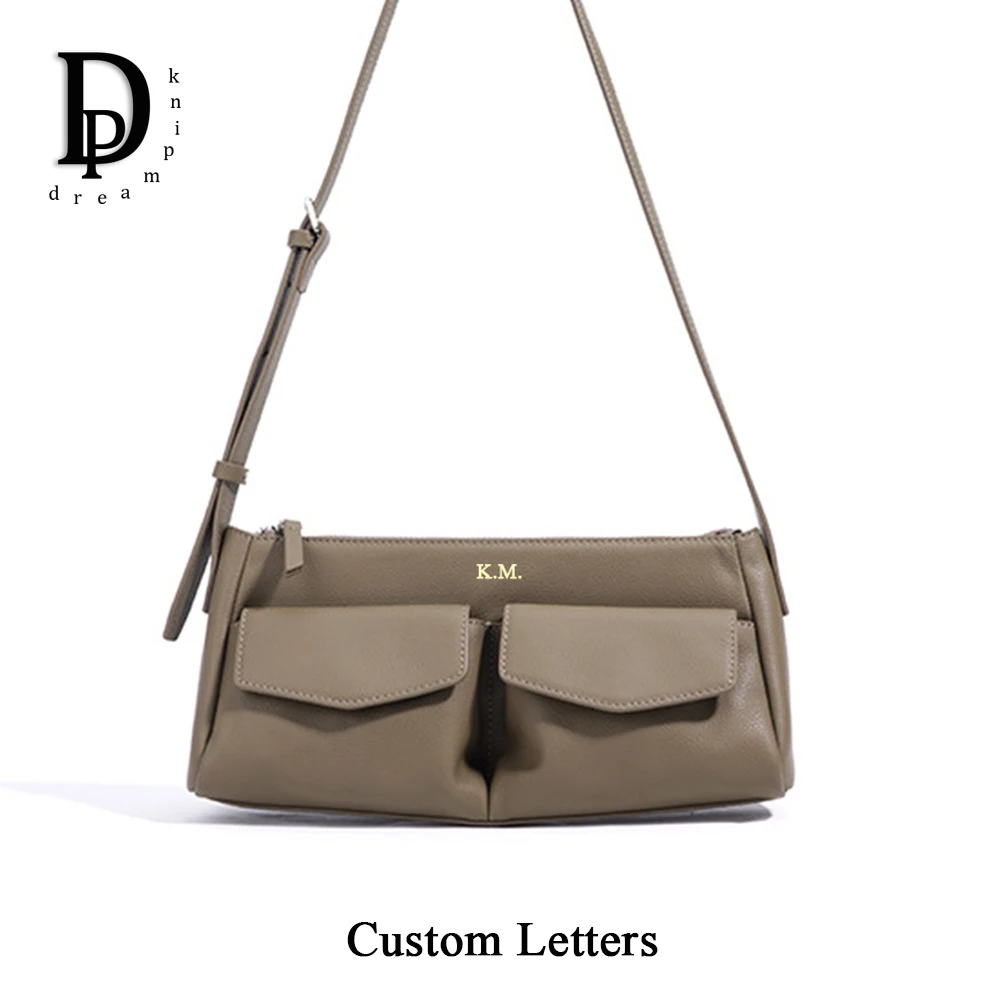 

Модная женская сумка подмышки из натуральной кожи с персонализированным именем и передними карманами, женская сумка-мессенджер на заказ, сумка на одно плечо