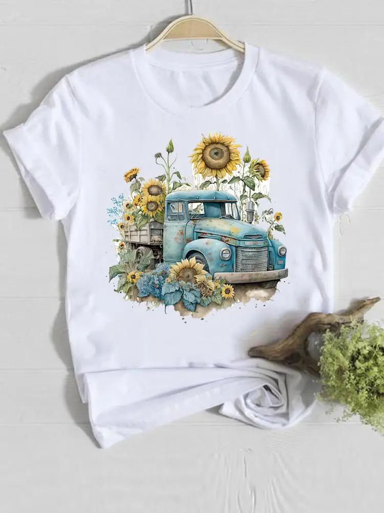 Fashion Print Female Shirt Tee Casual Women Clothes Flower Sweet Trend Lovely Floral Short Sleeve Lady Graphic T-shirt