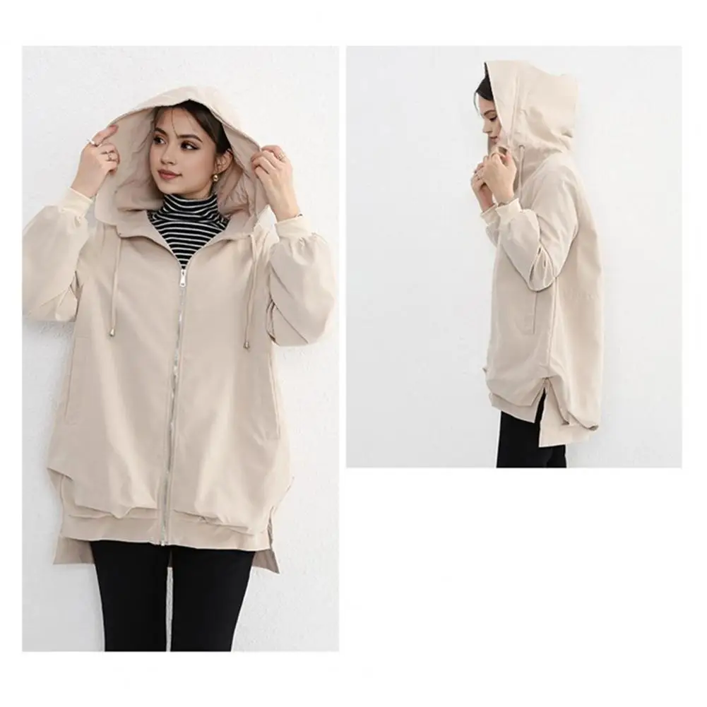 

Slit Hem Jacket Stylish Windproof Hooded Cardigan for Women with Split Hem Zipper Closure for Outdoor Activities Travel Hooded