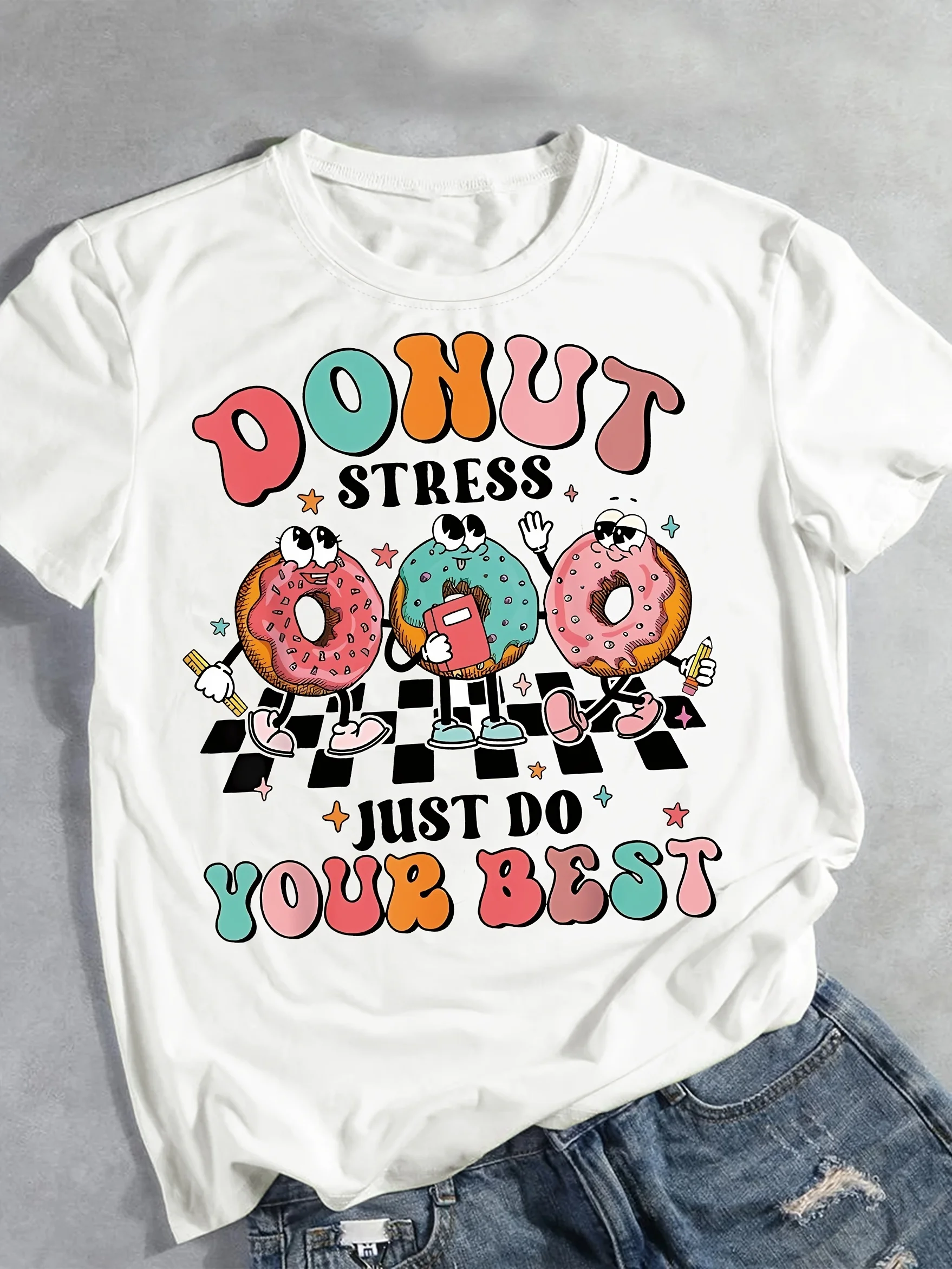 

Women's Cartoon Donut Print T-shirt - Short Sleeve Crew Neck Casual Top for Summer and Spring