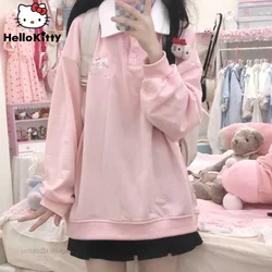 Sanrio-camisetas de Hello Kitty para mujer, Polo de manga larga, estilo universitario, ropa de primavera Y2k, Tops sueltos, camisetas Kawaii con estampado de dibujos animados