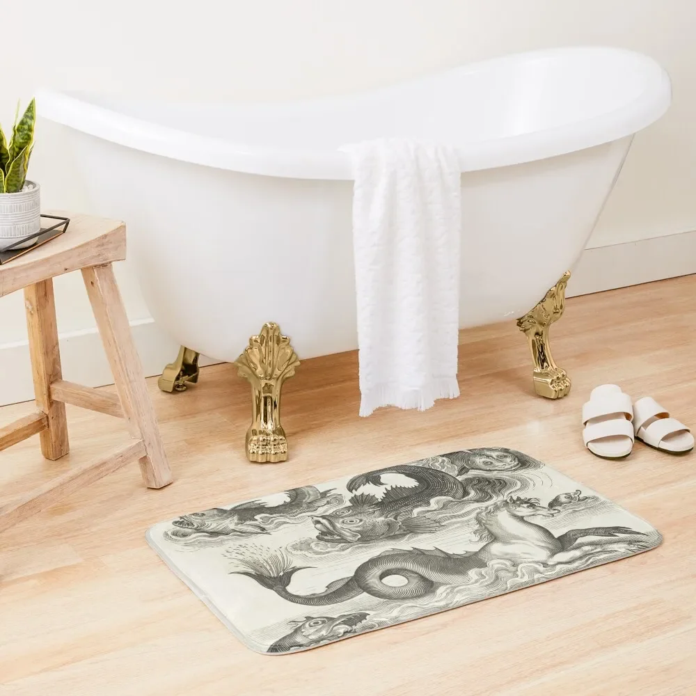 

MEDIEVAL BESTIARY,Black White Fantastic Aquatic Animals and Sea Horse of Neptune Bath Mat Bathroom Carpet Set Mat