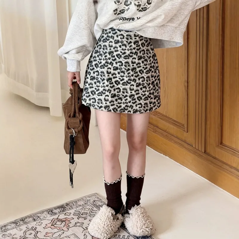 Girl's Spring Autumn Winter Wool Leopard Pattern Hip Wrapping Short Skirt Korean High Waist Slimming A-line Short Half Skirt