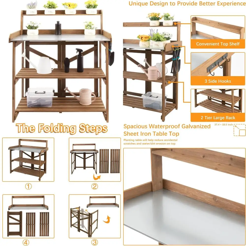 طاولة مقعد خشبية خارجية مع محطة عمل معدنية مجلفنة لزراعة الحديقة