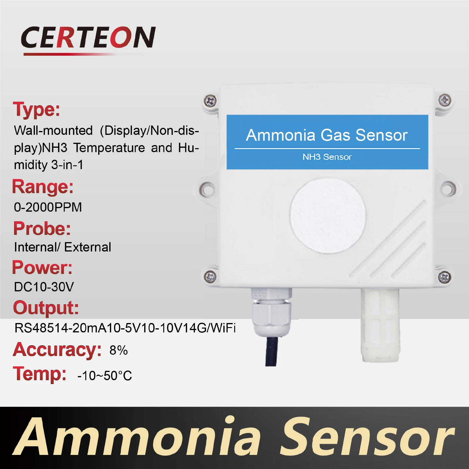

Wall-Mounted NH3 Sensor Ammonia Gas Detector for Livestock Pig Farm Poultry House Restroom Industrial & Agricultural Use