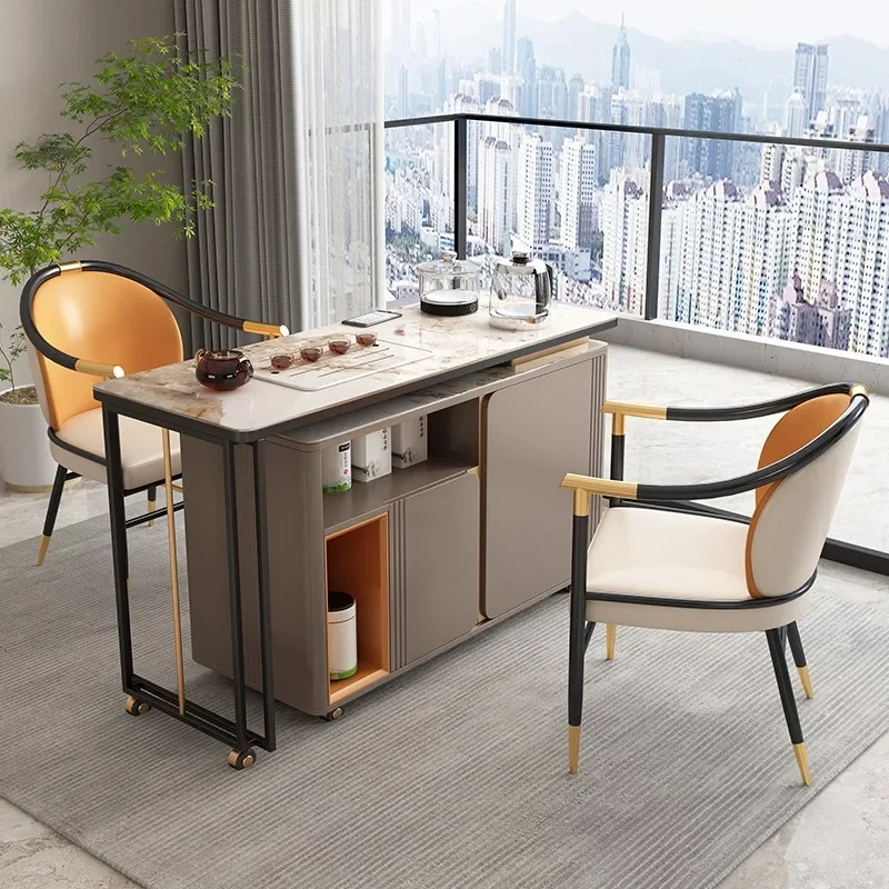 Balcony movable rock slab tea table household kettle integrated tea table with wheeled coffee table light luxury small tea cart