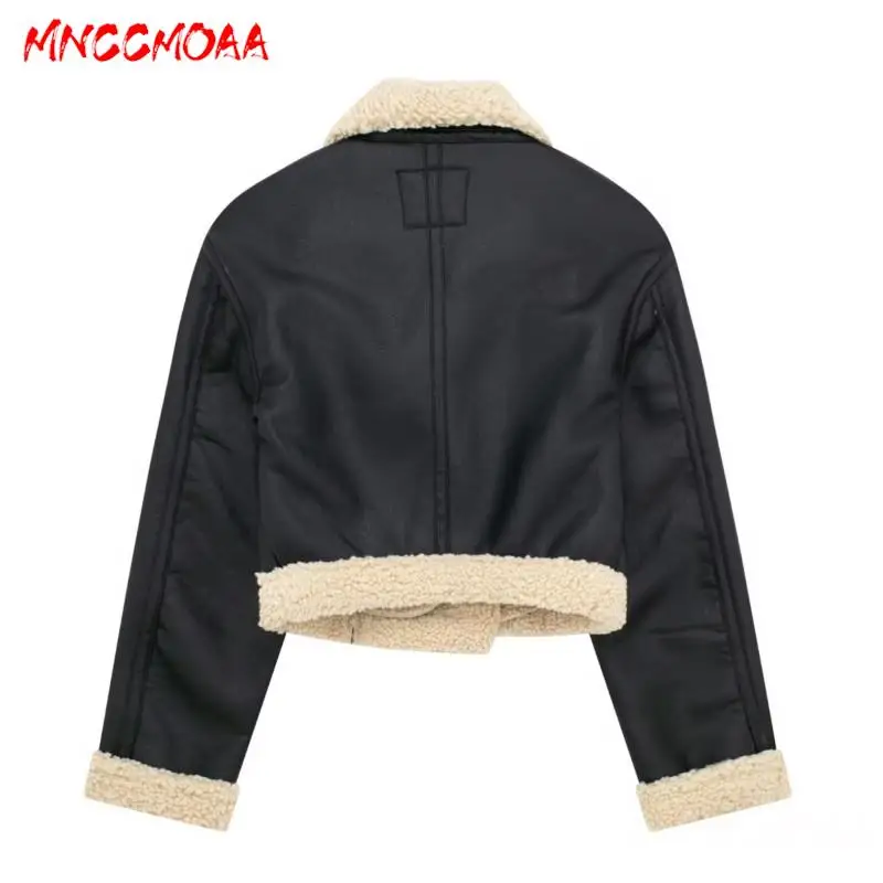 MNCCMOAA-Women\'s Faux Leather Jacket with Pockets, Long Sleeve Coat, Loose, Zipper, Casual Outerwear, Female Fashion Winter 2024