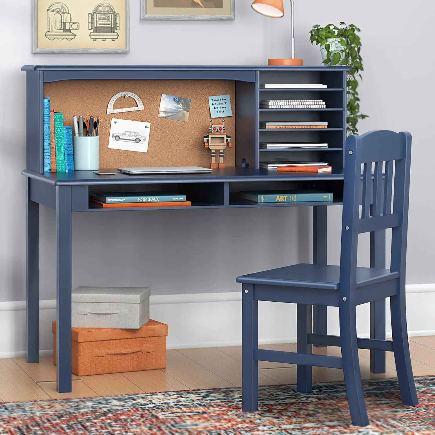 

Children’s Media Desk and Chair Set Navy: Student's Study, Computer and Writing Workstation with Hutch and Shelves, W