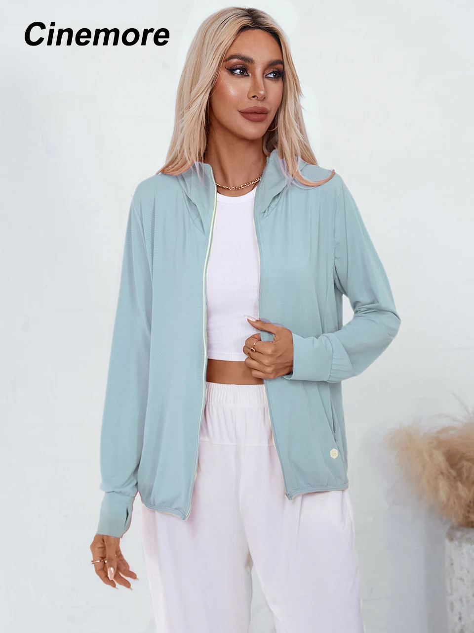 Cinemore-abrigo fino a prueba de rayos UV para mujer, chaqueta informal con capucha, cortavientos de manga larga, prendas de vestir a prueba de viento, moda de verano