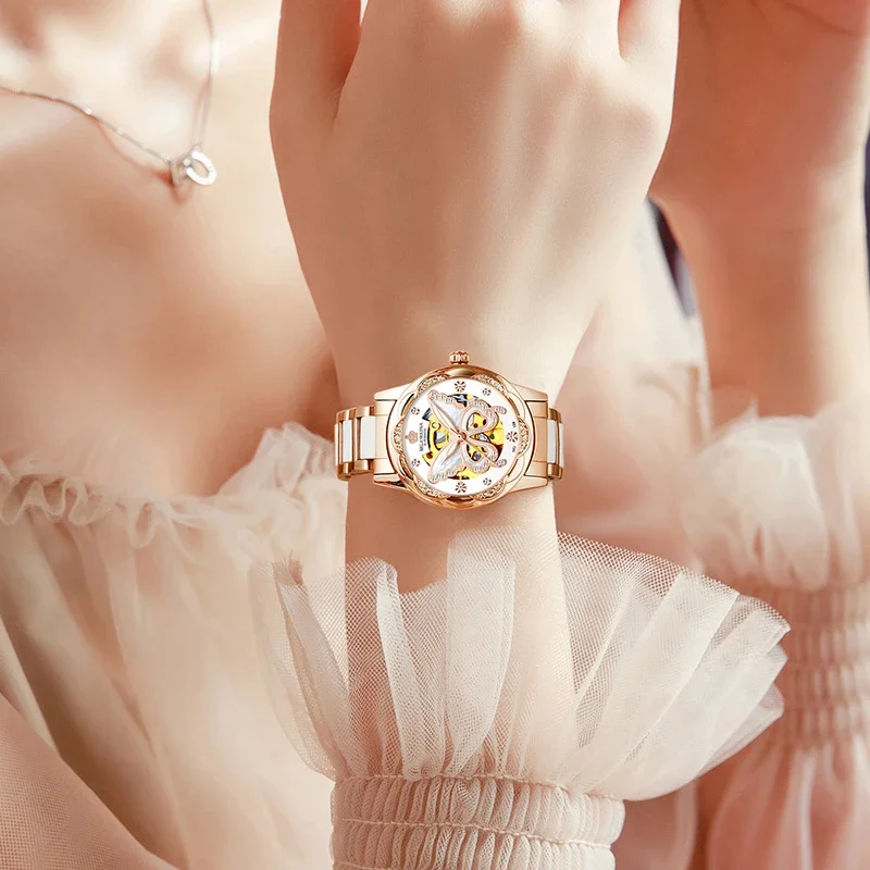 ORKINA Fashion Women Mechanical Watches Ceramic Steel Strap Luxury Butterfly Dial Automatic Ladies WristWatches Gift Reloj Mujer