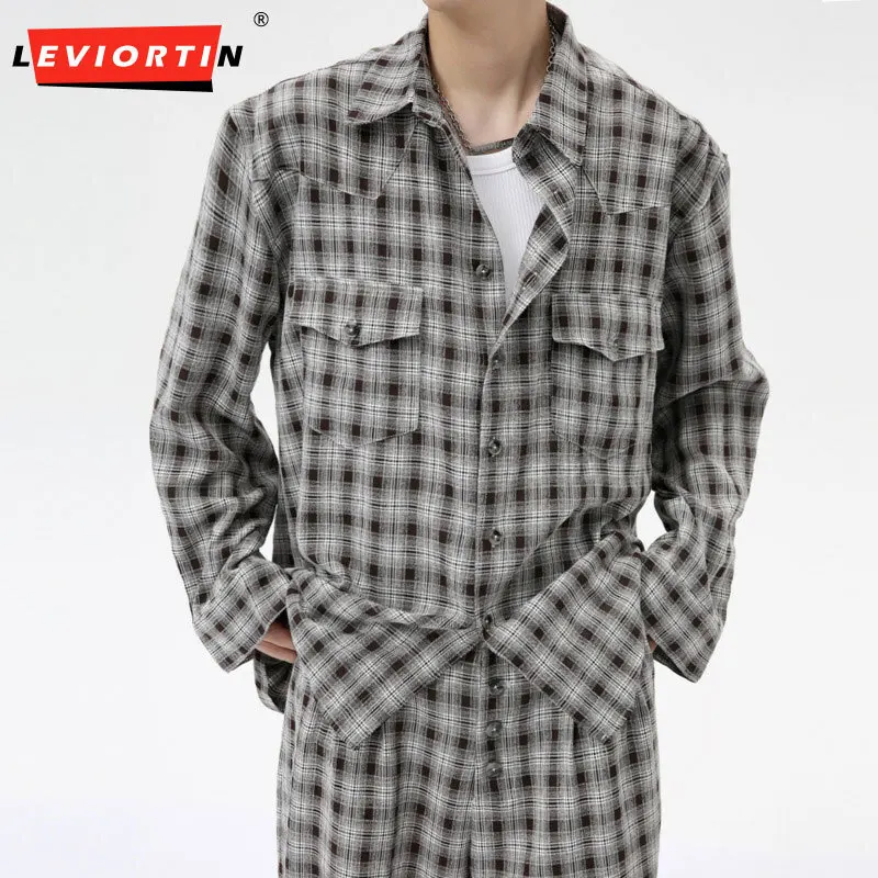 LEVIORTIN Herrenbekleidung |   2024 herbst Neue Produkt Koreanische Retro Casual Kragen Plaid Lose Vielseitig Hemd Hosen Set M6-DJ-6810