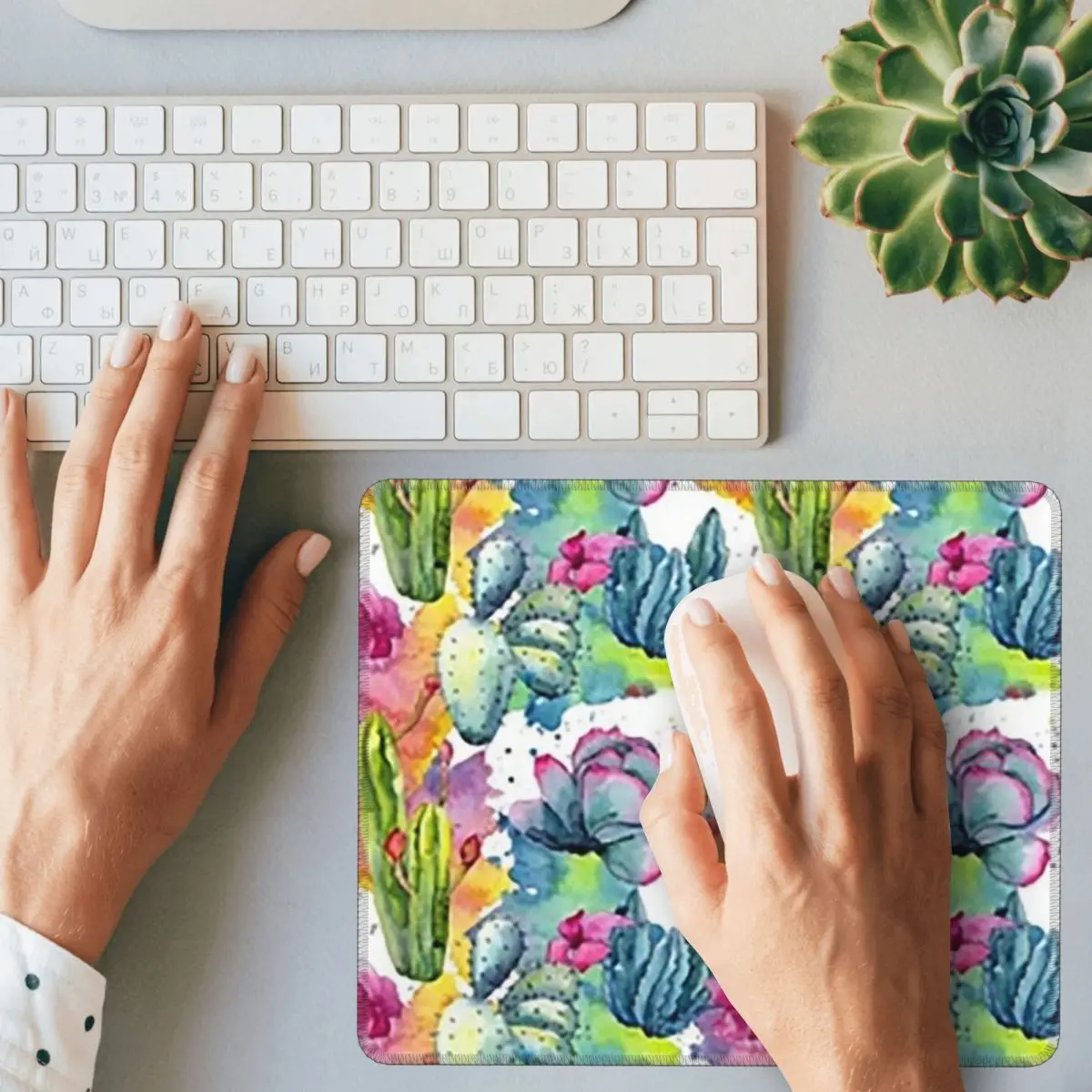 Alas Mouse Bergaya Cat Air Pola Kaktus Bunga Liar Eksotis Alas Mouse Keyboard Komputer Alas Meja PC Gaming Alas Meja