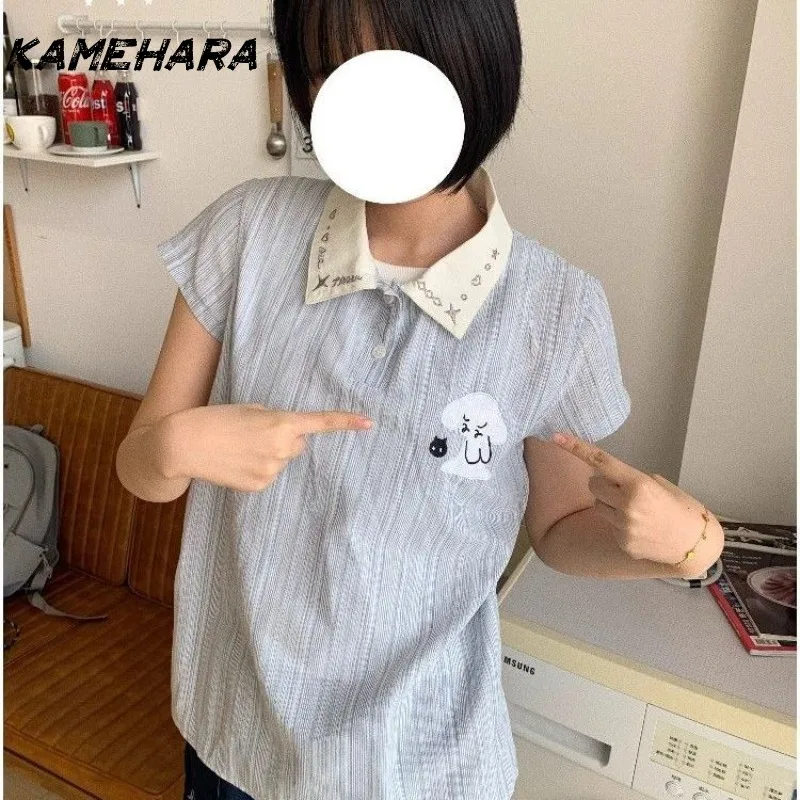 

KAMEHARA Japanese Y2k Preppy Style Tees for Women Turndown Collar Short Sleeve Tops Ropa Mujer Print Cute Fashion Summer T-shirt