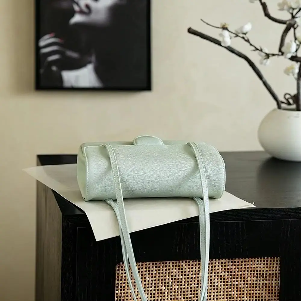 Mint Green Cylinder Crossbody Bag for Women, Minimalist Leather Barrel Shoulder Purse, Slim Tube Shape Small Handbag with Adjustable Strap