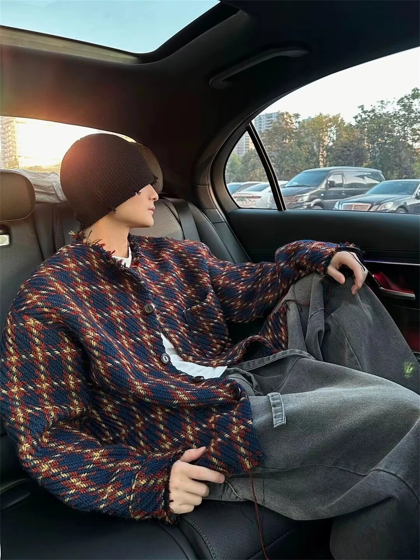 

Retro Plaid Knitted ort Jaet Men's Autumn Color Blo High-End Sle Nel Cardigan Casual Faion Teenage Sle