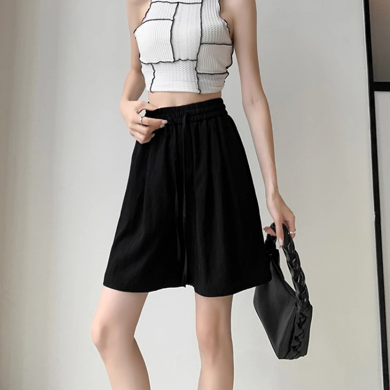 2024 Summer Thin Shorts Women Elastic Waist Loose Solid Color Casual Wide Leg Sports Pants Fashion Versatile Shorts Female