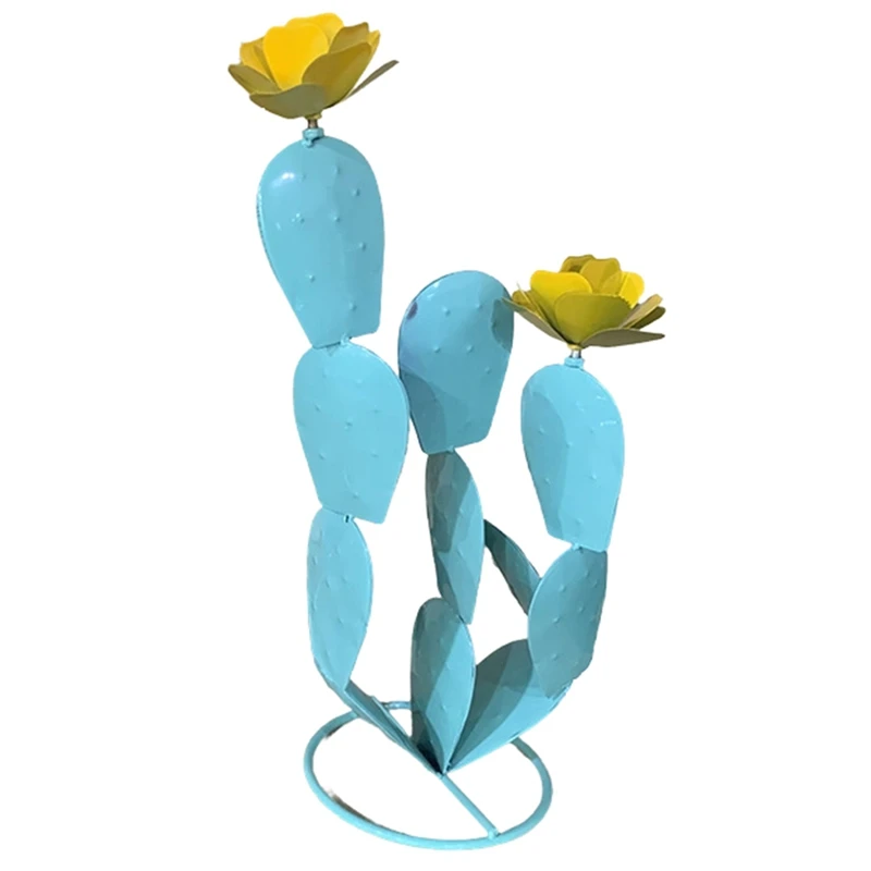 Metal Prickly Pear Cactus Metal Cactus With Flowers, Yard Art Gifts Metal Plant Decor Blue