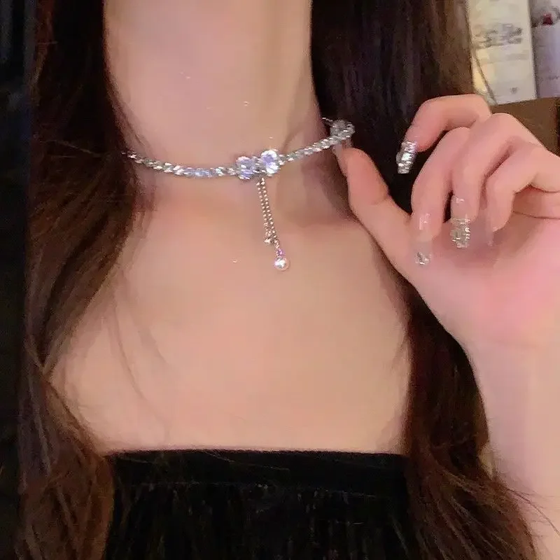 Inlaid Zircon Bow Pearl Tassel Necklace Women\'s Personalized Fashionable Clavicle Chain Accessories Party Jewelry Birthday Gifts