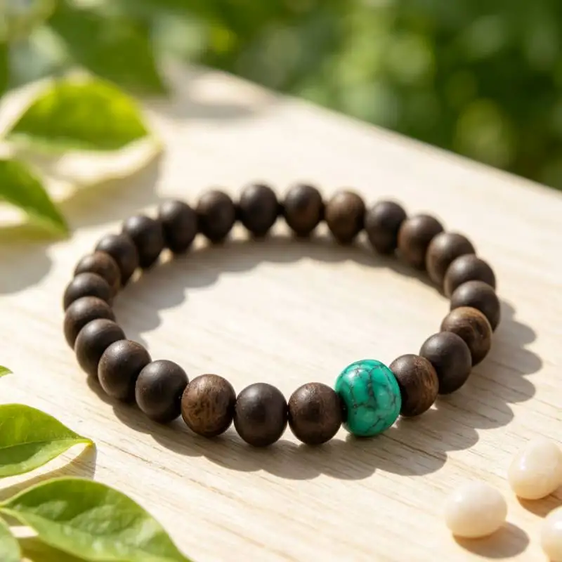 Handmade natural Turquoise bead bracelet, agarwood men's cuff button bracelet, Ramadan prayer bead bracelet, women's meditation view 6