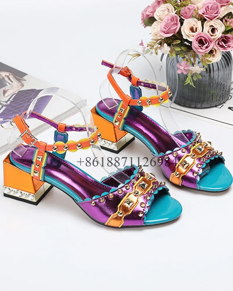 

Mixed Colors Genuine Leather Peep Toe Summer Women Sandals With Rivet Chunky Middle Heels Buckle Strap Design Large Size Shoes