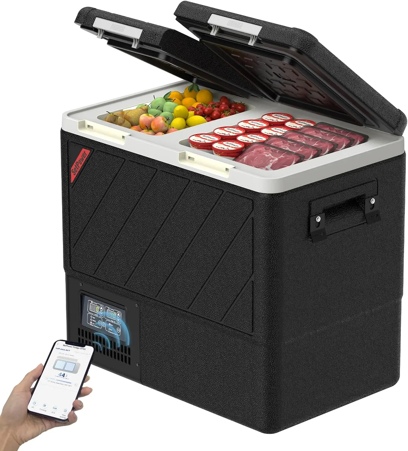 

Портативный холодильник DT55 с управлением через приложение, двухзонный холодильник с морозильной камерой 59QT (55 л), электрические охладители для транспортных средств переменного/постоянного тока