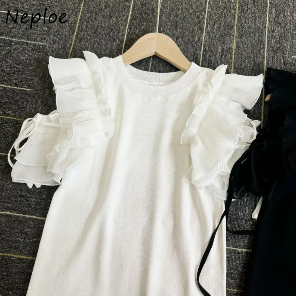 Neploe Sweet All-match O Neck Petal Sleeve Pullover Knit Fungus Off Shoulder Lace Up Jumper Japan New Casual Fresh Sweaters