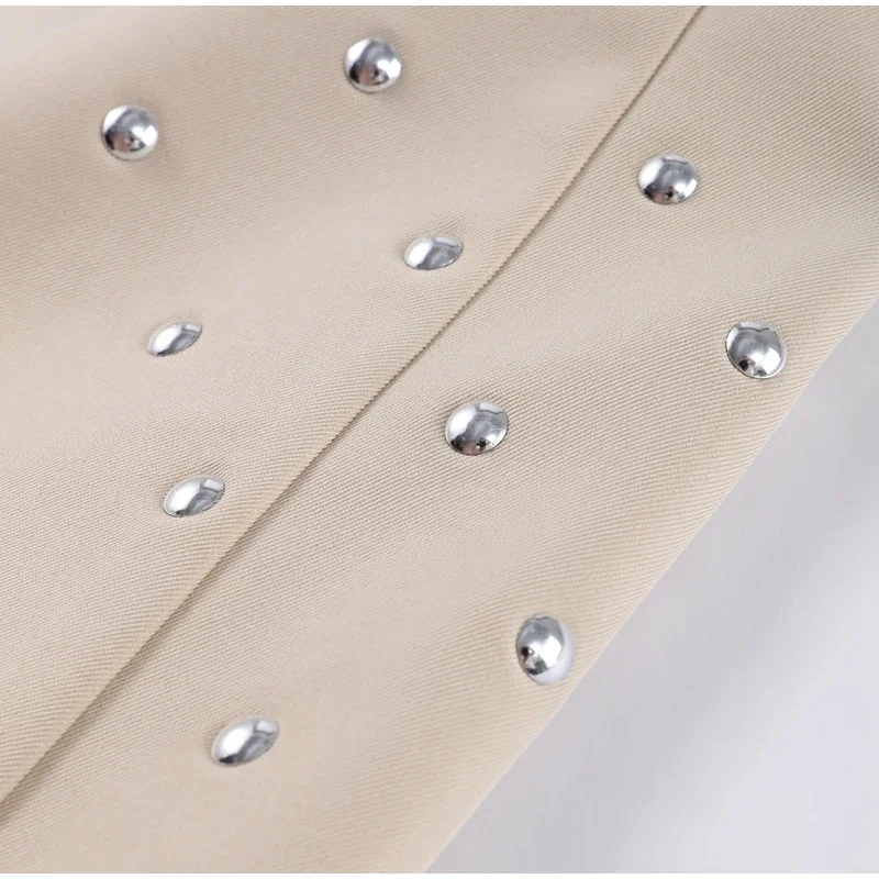 Retro V-neck Studded Suit Jacket Women Casual Loose Rivets Pockets Open Jacket Female Autumn Spring Chic Street Outwear Cardigan