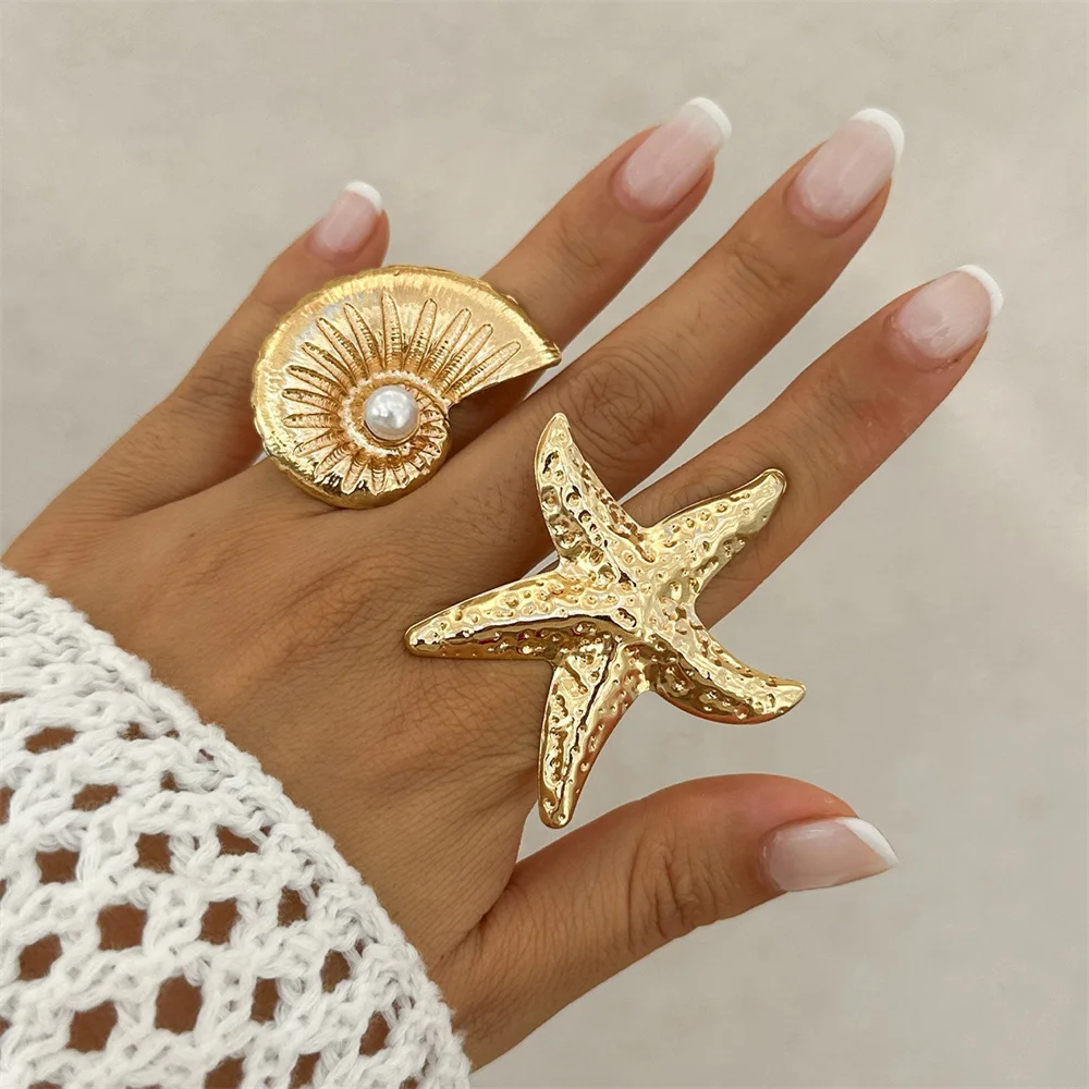 Personality Starfish Conch Rings for Women 2024 Fashion Punk  Beach style Gold Silver Color Knuckle Joint Ring Jewelry New