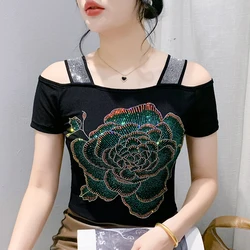 Summer New Heavy Industry Diamond Tees Inlaid Double-Layer Ice Silk Mesh Short Sleeved Tops Off Shoulder Women's T-Shirt