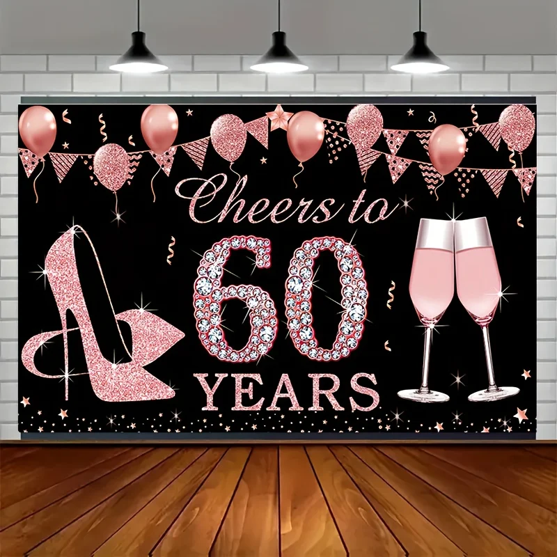 Cheers to 60 Years Tapestry 60th Birthday Party Decoration for Women Pink Glitter High Heels Champagne Wall Hanging Backdrop