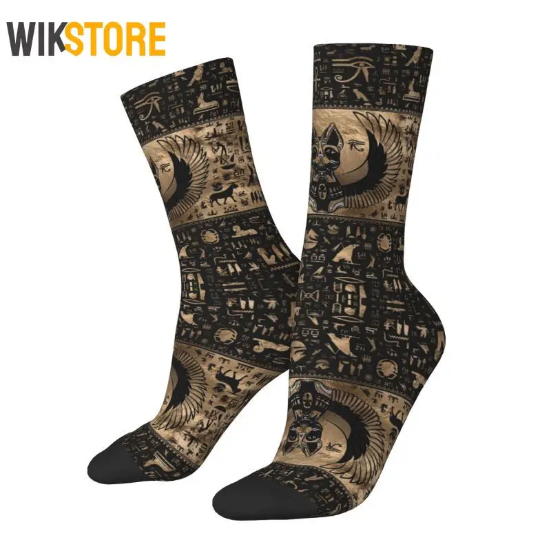 

Egyptian Cat Goddess Bastet Men's Crew Socks Fashion Ancient Egypt Hieroglyphs Spring Summer Autumn Winter Breathable Dress Sock