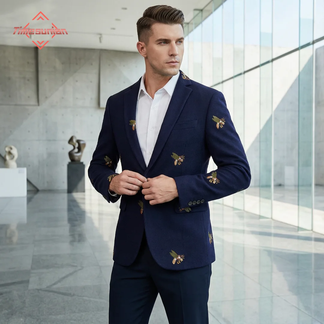 Slim Fit Casual Fashion Embroidery Suit Blazer for Man Spring New Style Korean Version Single Breasted Cotton Polyester Blend