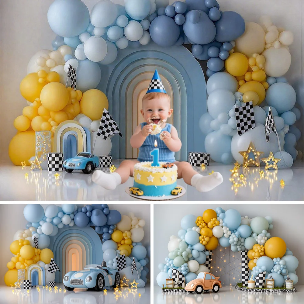 

Blue and Yellow Balloon Arch With Little Car Photography Backdrop Kids Boy 1st Birthday Cake Smash Banner Photocall Backgrounds